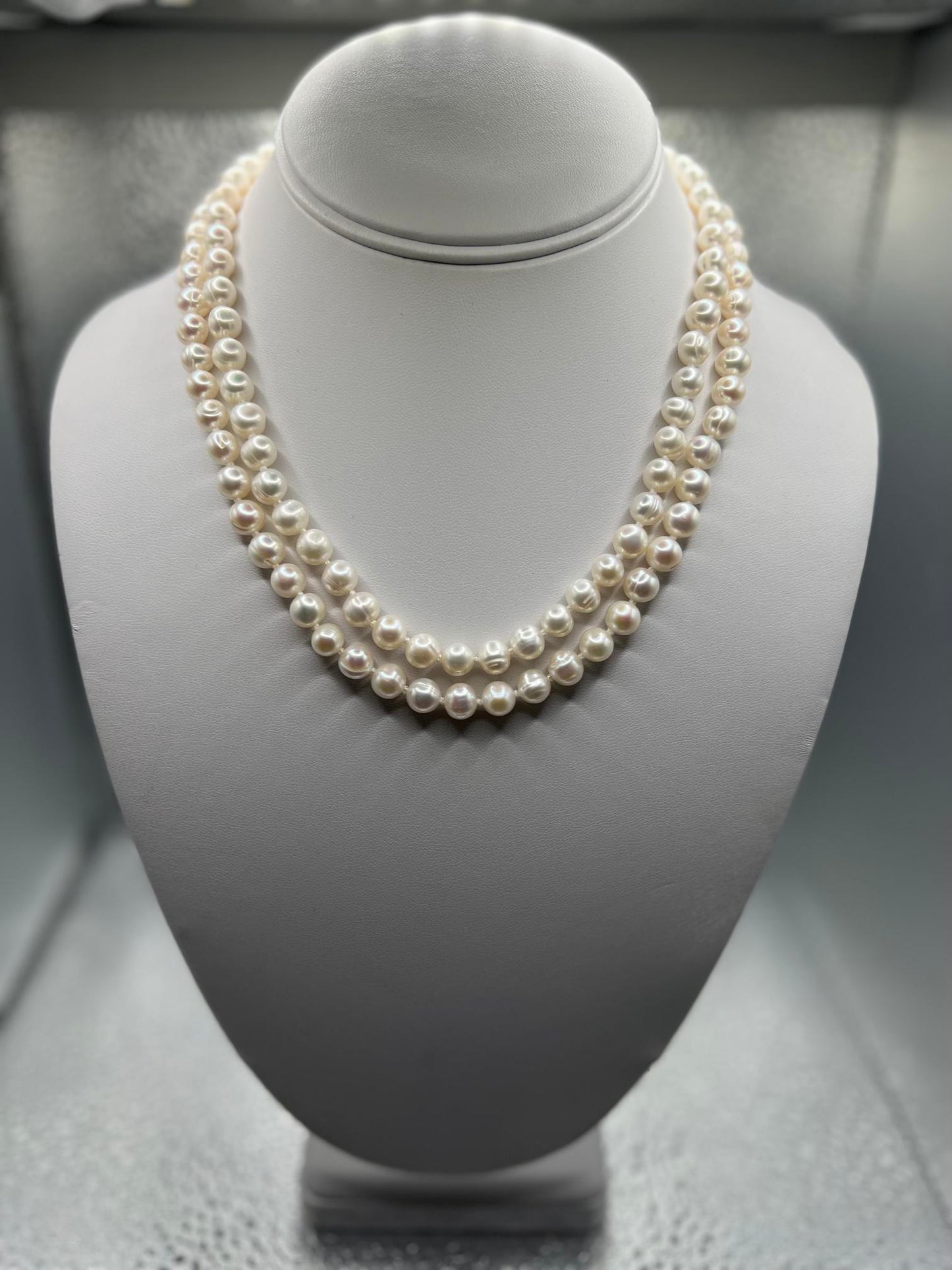 19" 8MM Double Strand Pearl Necklace w/ Sterling Silver clasp