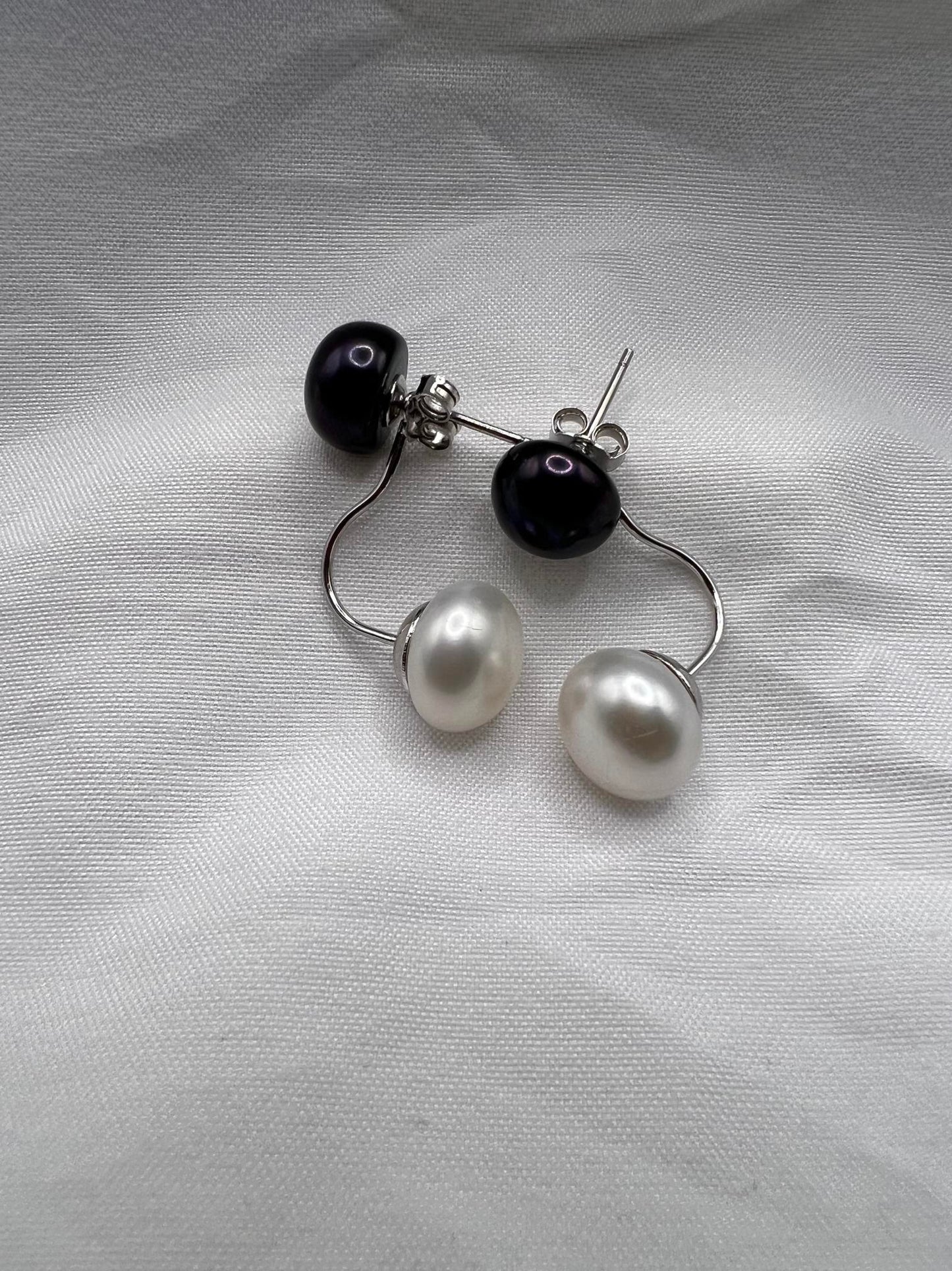 11MM, 8MM Double Stud White, Black Pearl Earring