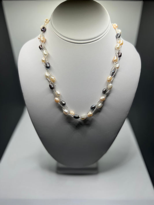 18" Natural Multi-Colored Rice Pearl Necklace (black) with Magnetic Clasp