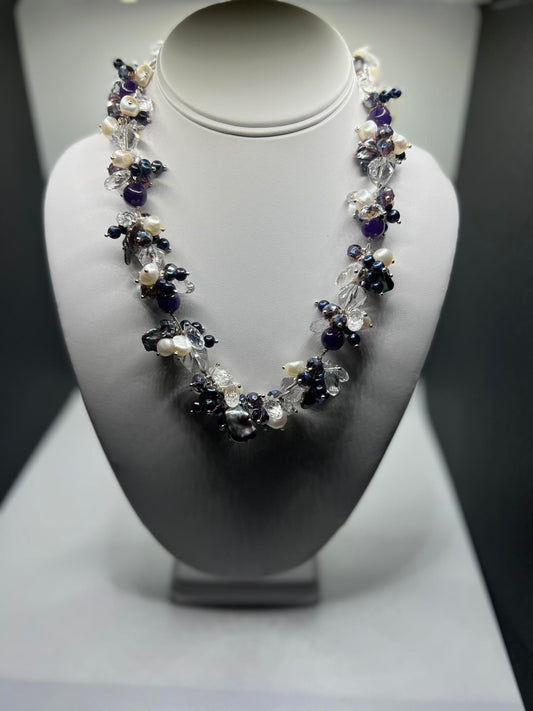 Grey Keshi, White Baroque with White Crystals along with Purple and Blue accents