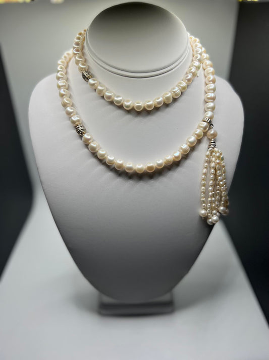 29" 8MM White Pearl Necklace with Pearl Tassel