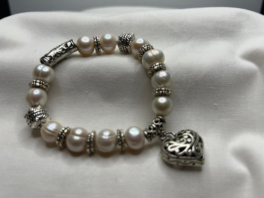 12-10MM Pearl Bracelet with Heart Charm