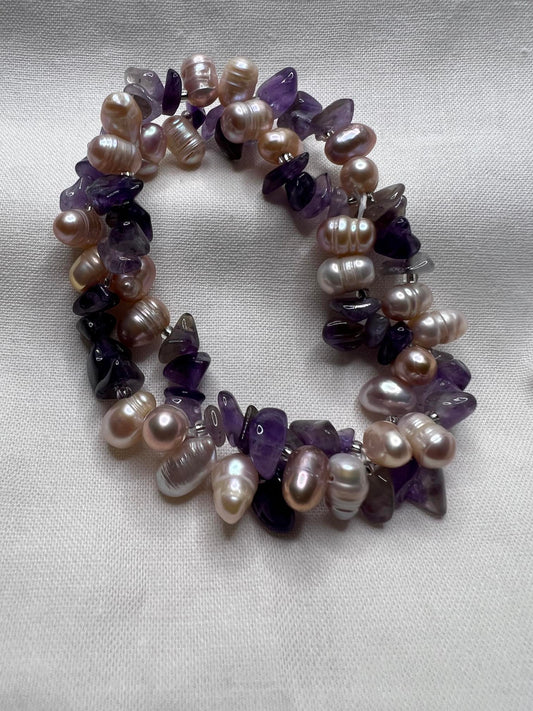 Natural Pink Baroque Pearls with Purple Amethyst Stretch Bracelet